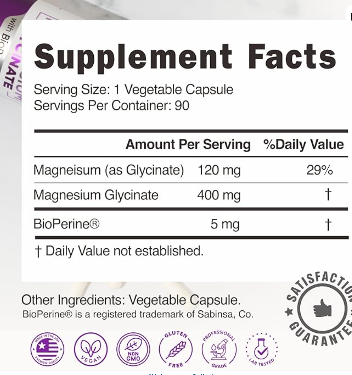 Magnesium Glycinate 400mg with Bioperine - 5X Higher Absorption - 90 Veggie Capsules