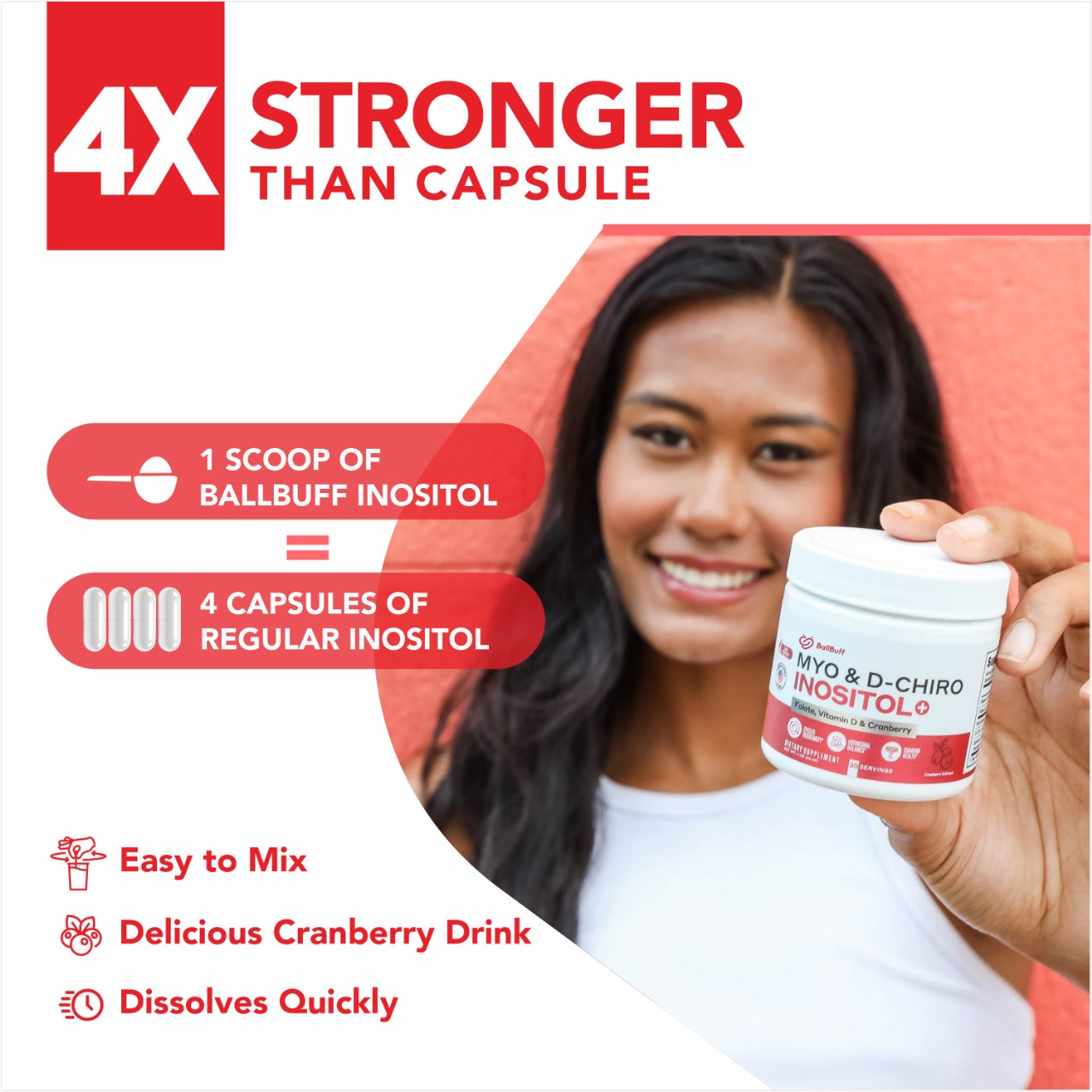 Myo & D-Chiro Inositol Powder with Folate,Vitamin D & Cranberry | Ideal 40:1 Ratio | 30 Day Supply