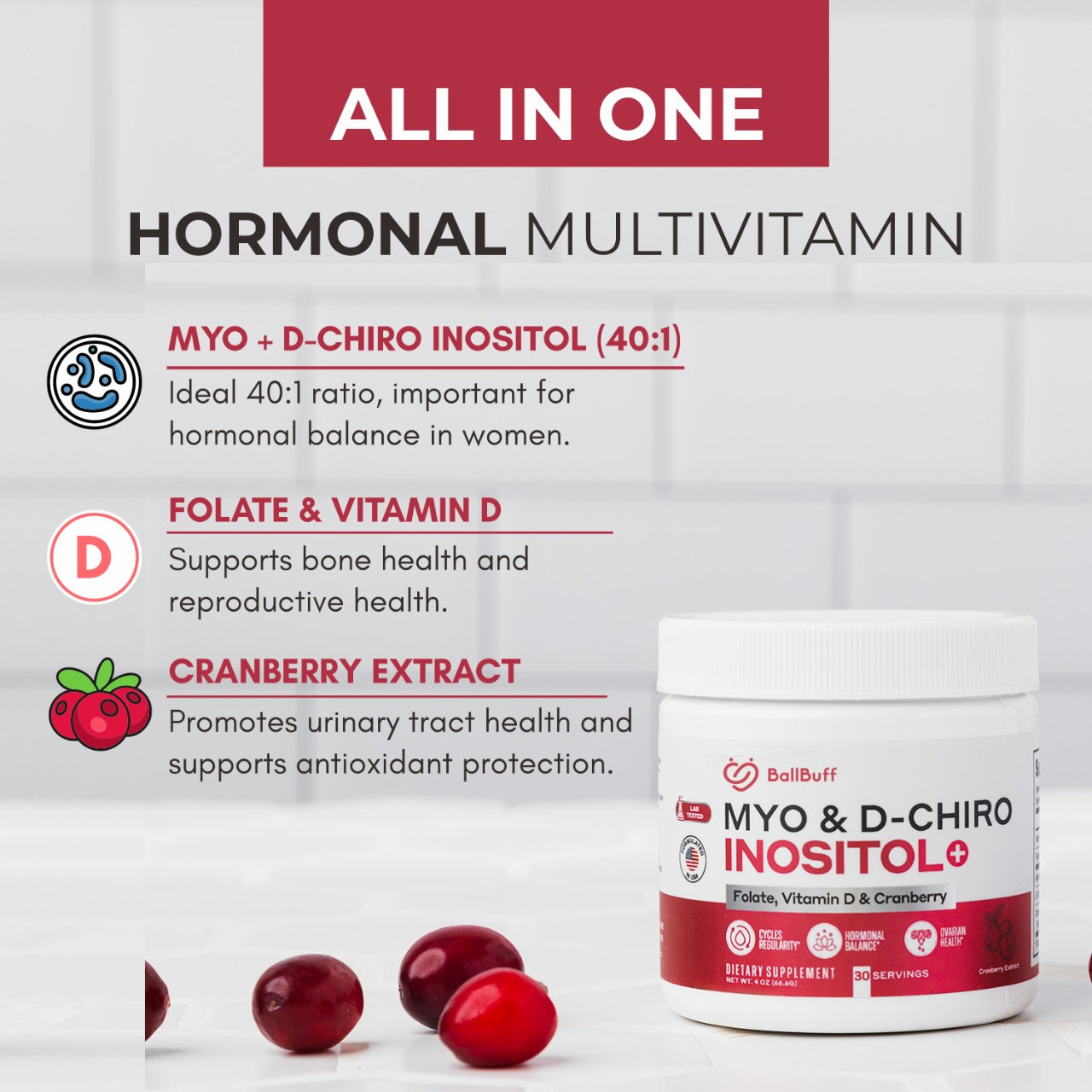 Myo & D-Chiro Inositol Powder with Folate,Vitamin D & Cranberry | Ideal 40:1 Ratio | 30 Day Supply
