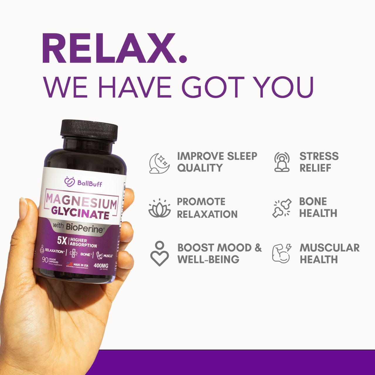 Magnesium Glycinate 400mg with Bioperine - 5X Higher Absorption - 90 Veggie Capsules